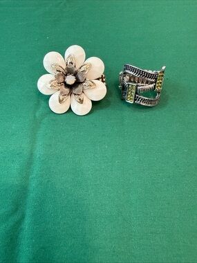Cream Floral Statement and Silver with Yellow Rhinestones Rings